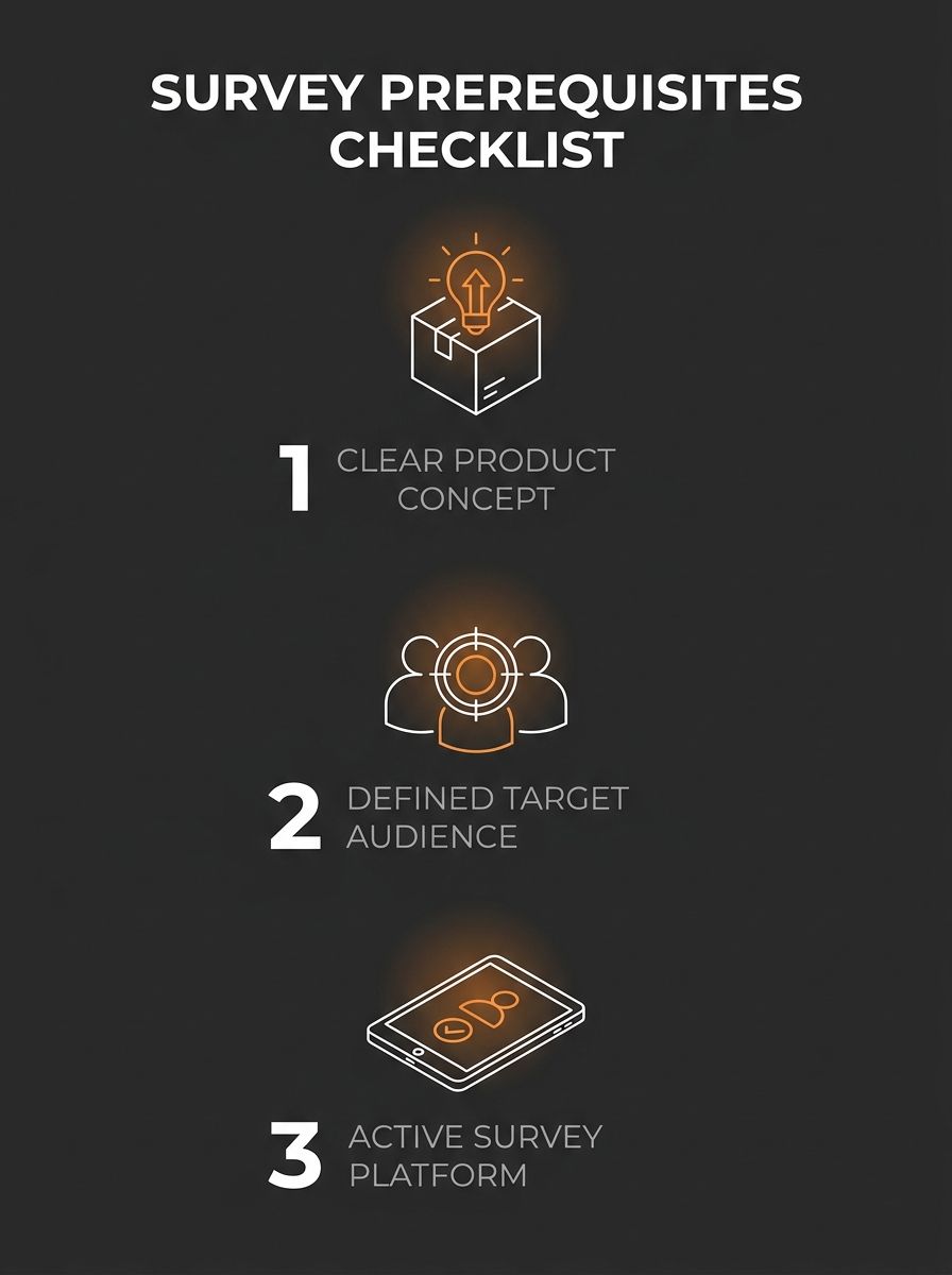 a checklist-style visual showing three prerequisites for product research surveys: product idea, target audience, and survey tool account, each with an icon and brief description