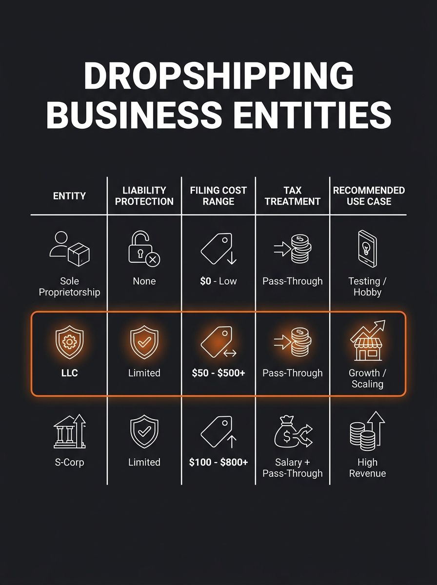infographic showing comparison of business entity types for dropshipping - sole proprietorship, LLC, S-Corp - with columns for liability protection, filing cost range, tax treatment, and recommended u
