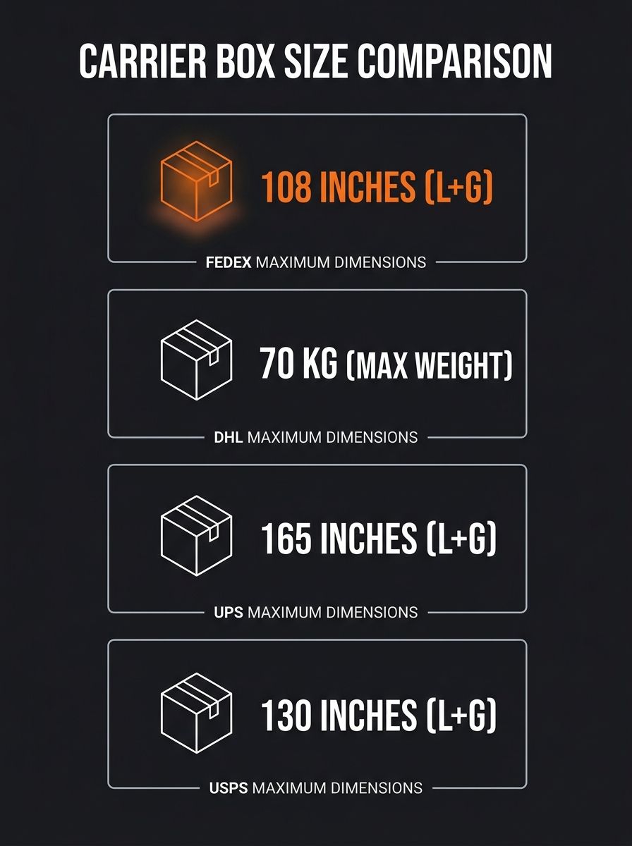 Carrier box size comparison chart showing FedEx, DHL, UPS, and USPS dimensional specifications side by side