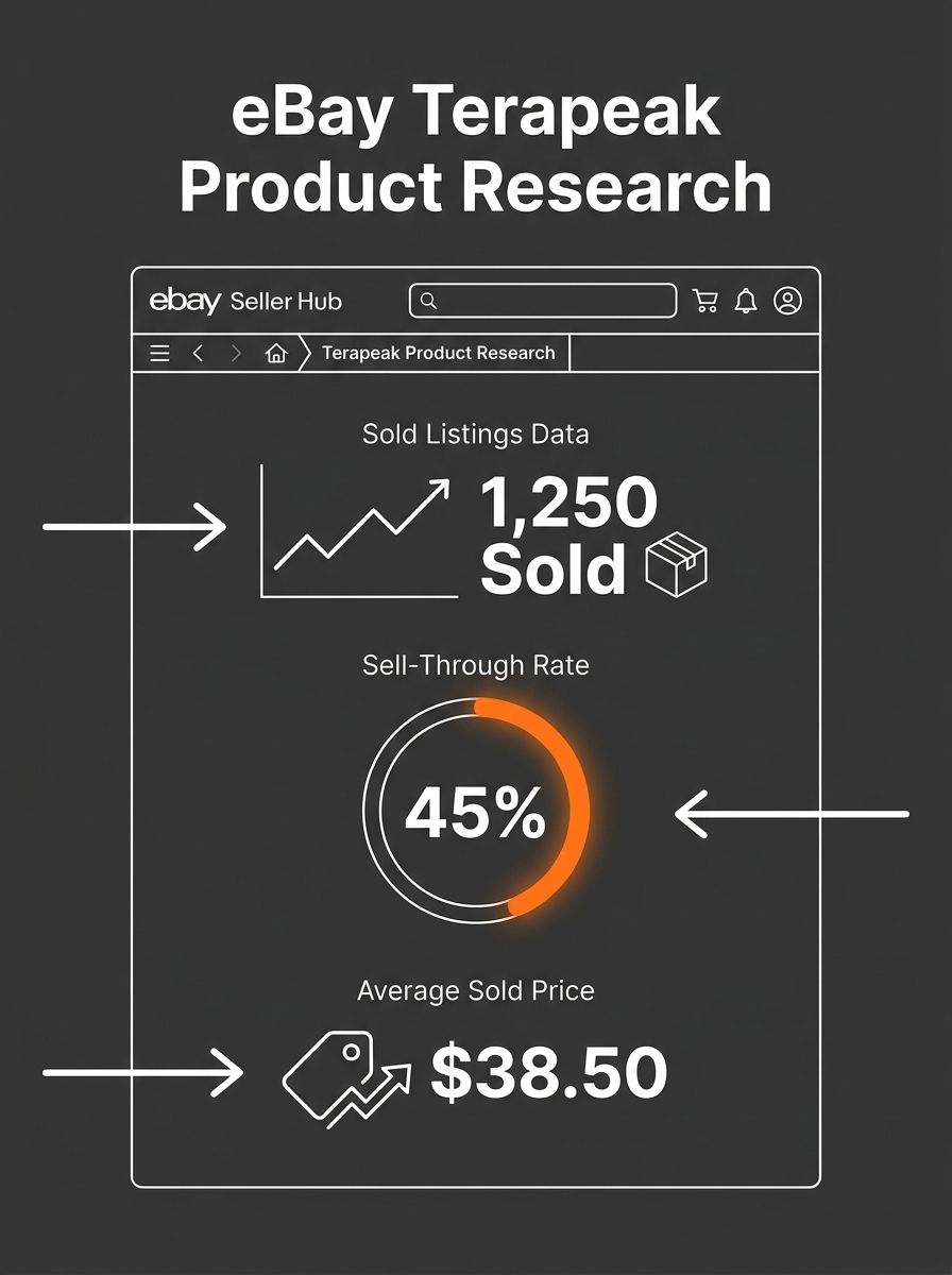 Screenshot-style illustration of eBay Seller Hub Research tab showing the Terapeak product research interface with sold listings data, sell-through rate percentage, and average sold price fields highl