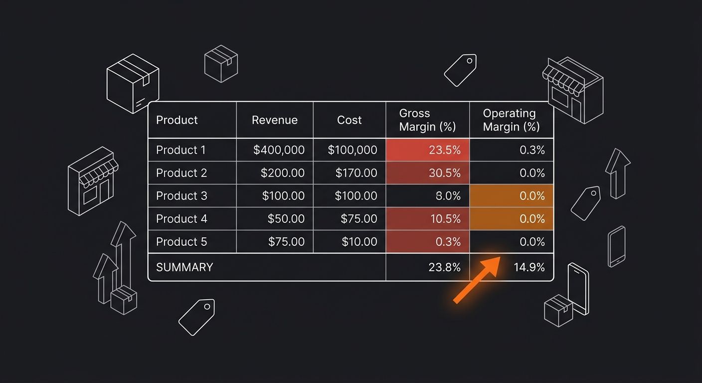 An Excel spreadsheet showing several product rows with conditional formatting applied - some cells highlighted red for low gross margins and orange for low operating margins, with a summary row at the