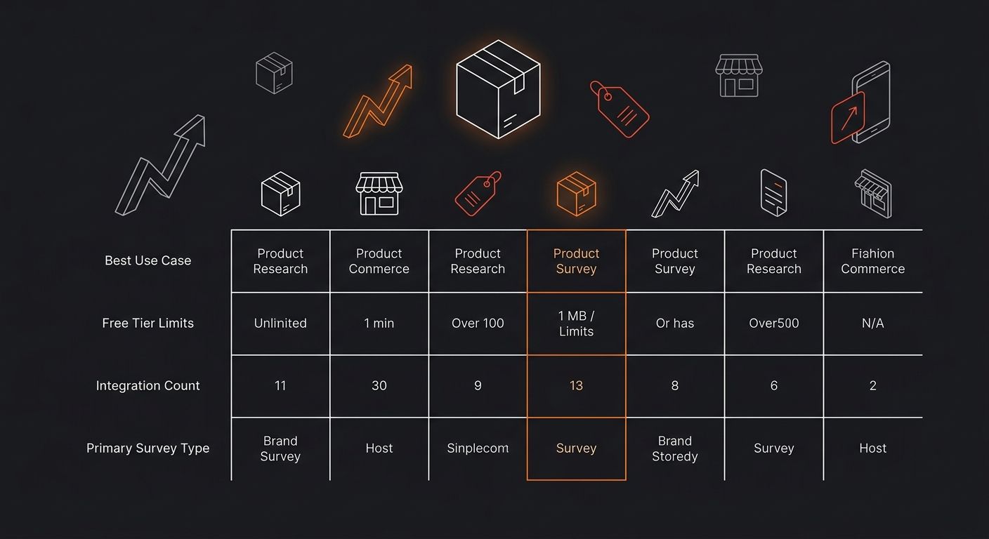 an infographic comparing six product research survey tools across four dimensions - best use case, free tier limits, integration count, and primary survey type - displayed as a comparison matrix with