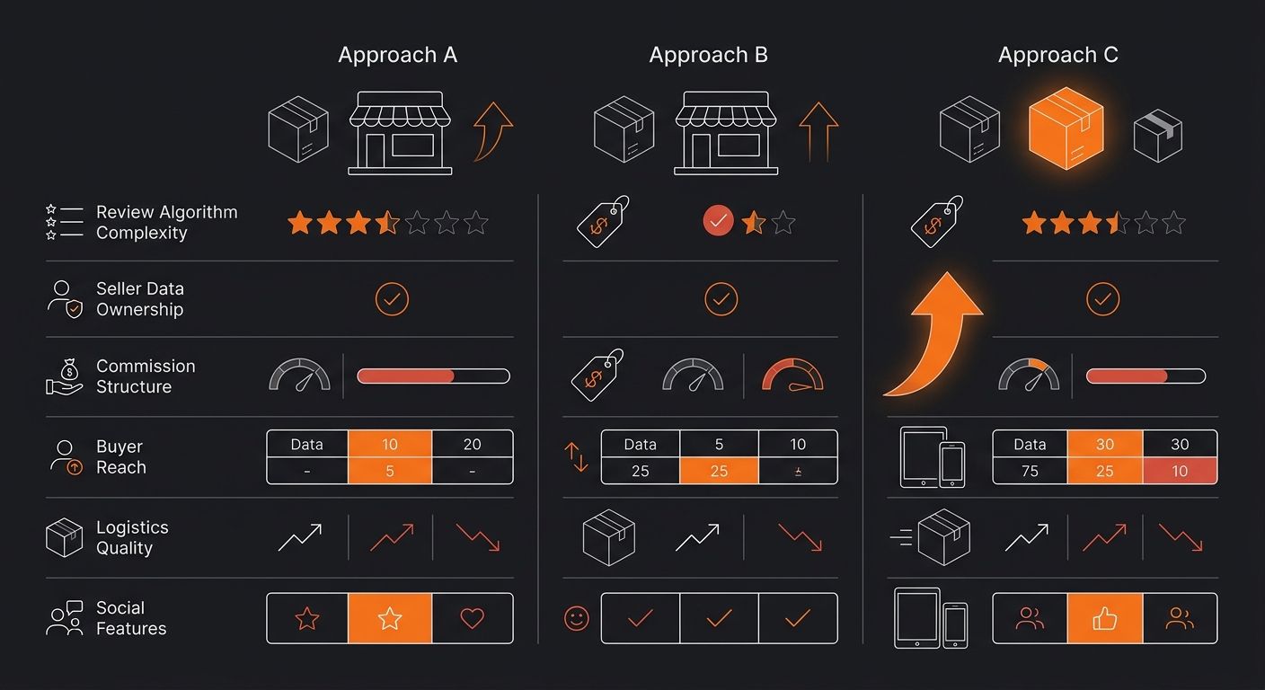 Infographic comparing three Southeast Asian ecommerce selling approaches across six metrics - review algorithm complexity, seller data ownership, commission structure, buyer reach, logistics quality,
