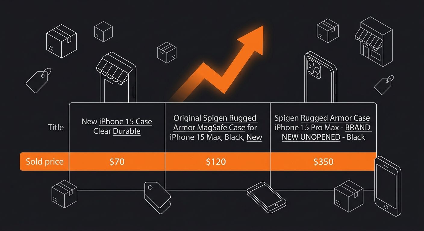 three example eBay listing titles for the same product category shown in a comparison layout, with highlighted keyword differences and their corresponding sold prices, demonstrating how specific terms