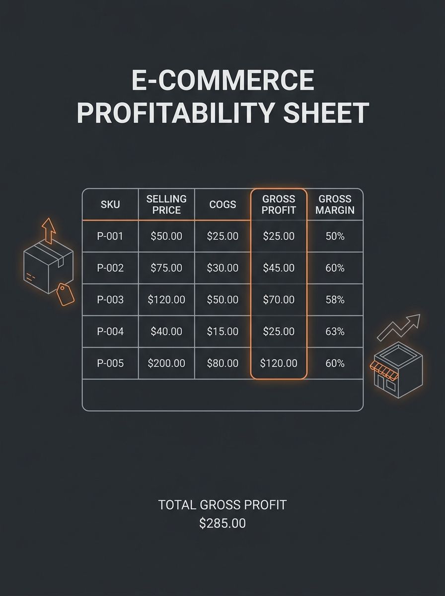 A clean Excel spreadsheet with column headers labeled SKU, Selling Price, COGS, Gross Profit, and Gross Margin, with sample product data filled into the first five rows