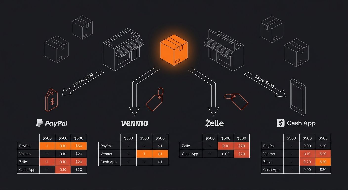 a comparison chart showing PayPal, Venmo, Zelle, and Cash App fee structures with arrows indicating cost per $500 transaction