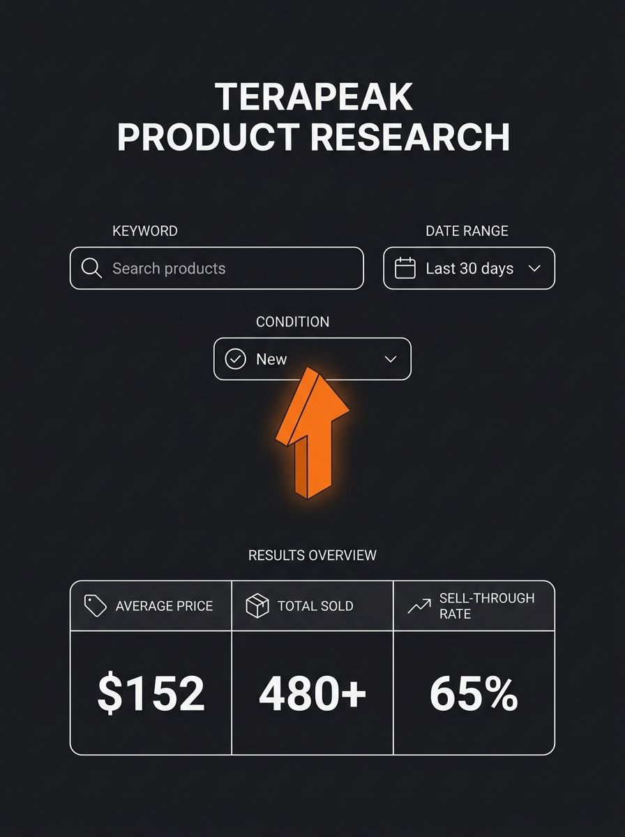 diagram showing the Terapeak Product Research search interface with labeled fields for keyword input, date range selector, condition filter, and results columns showing average price, total sold, and
