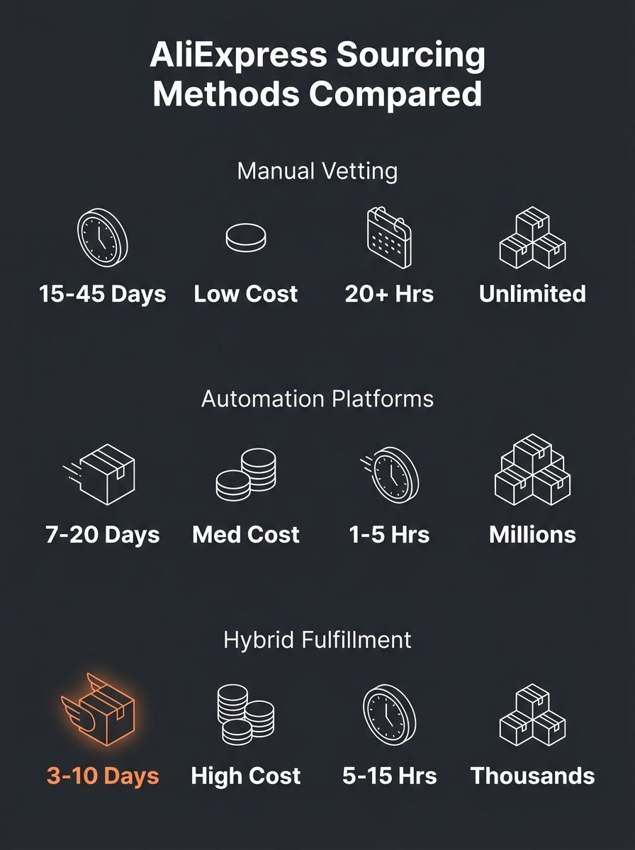 Infographic comparing three AliExpress dropshipping sourcing methods side by side, manual vetting, automation platforms, and hybrid fulfillment, showing shipping speed, cost per unit, weekly time inve
