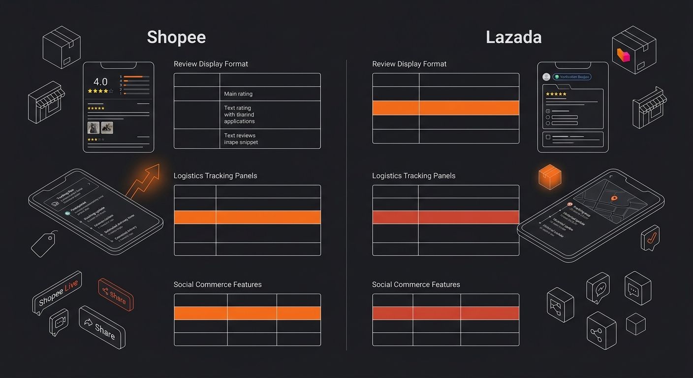 Side-by-side comparison of Shopee and Lazada mobile app interfaces showing differences in review display format, logistics tracking panels, and social commerce features like live chat and sharing butt