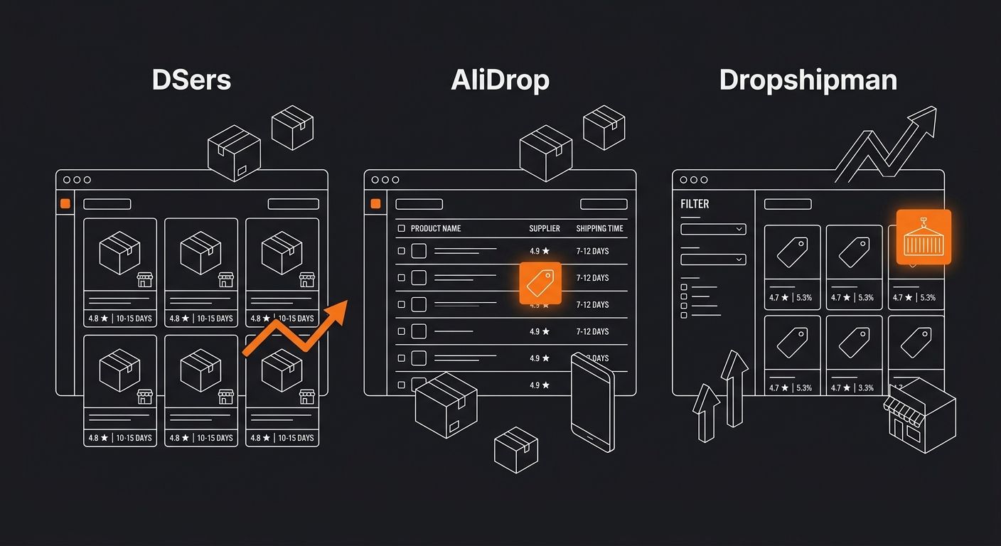 side-by-side screenshot-style comparison of DSers, AliDrop, and Dropshipman dashboard interfaces showing product import screens with supplier ratings and shipping time indicators