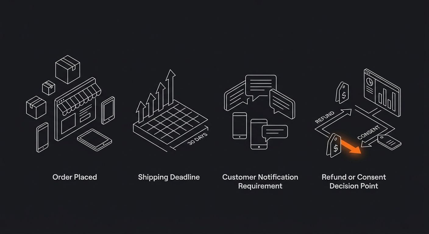 a timeline diagram showing FTC 30-day rule compliance flow - order placed, shipping deadline, customer notification requirement, refund or consent decision point