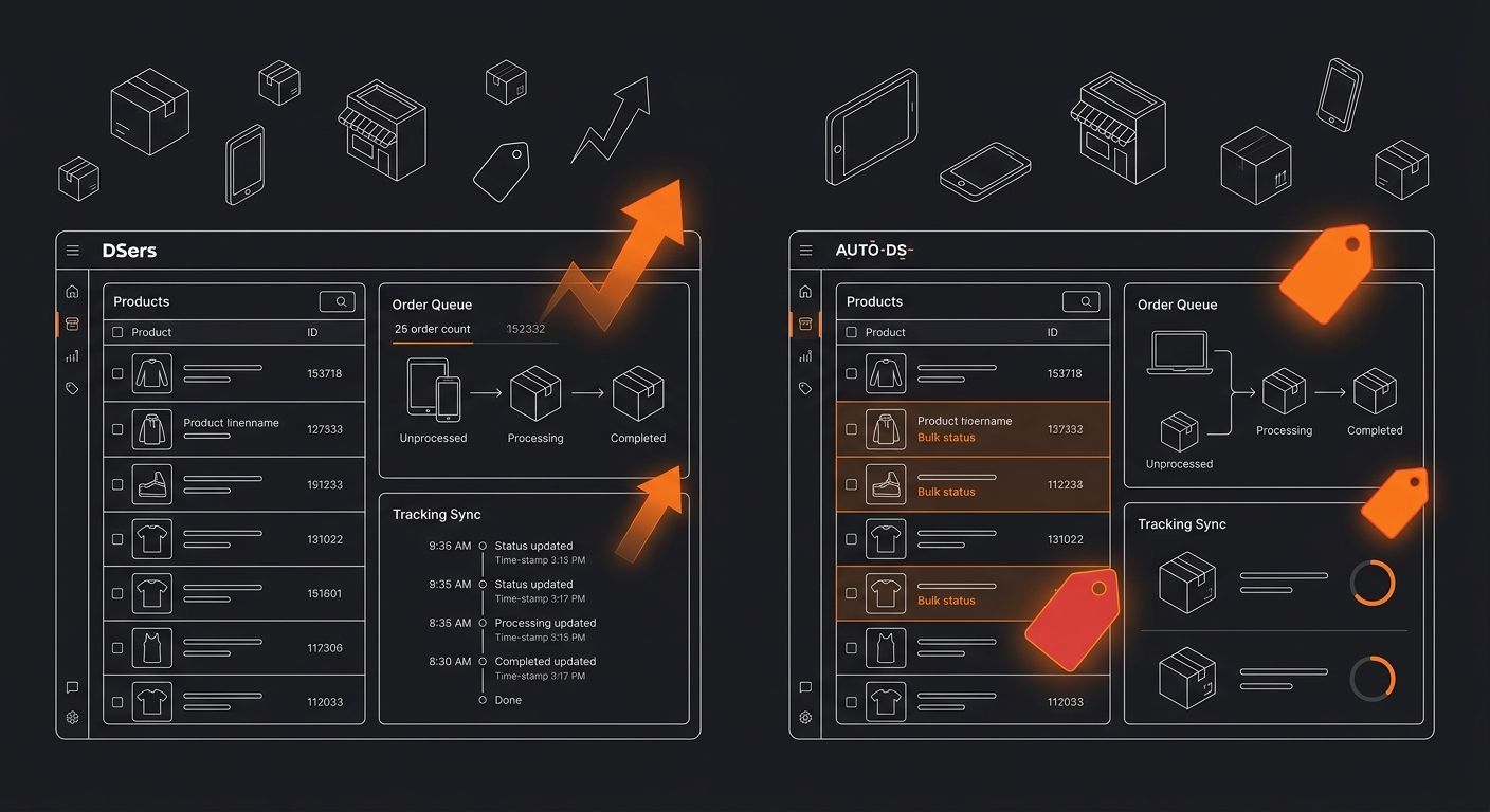 Side-by-side comparison of DSers and AutoDS dashboards showing bulk order processing interface, with product listings, order queues, and tracking sync panels visible