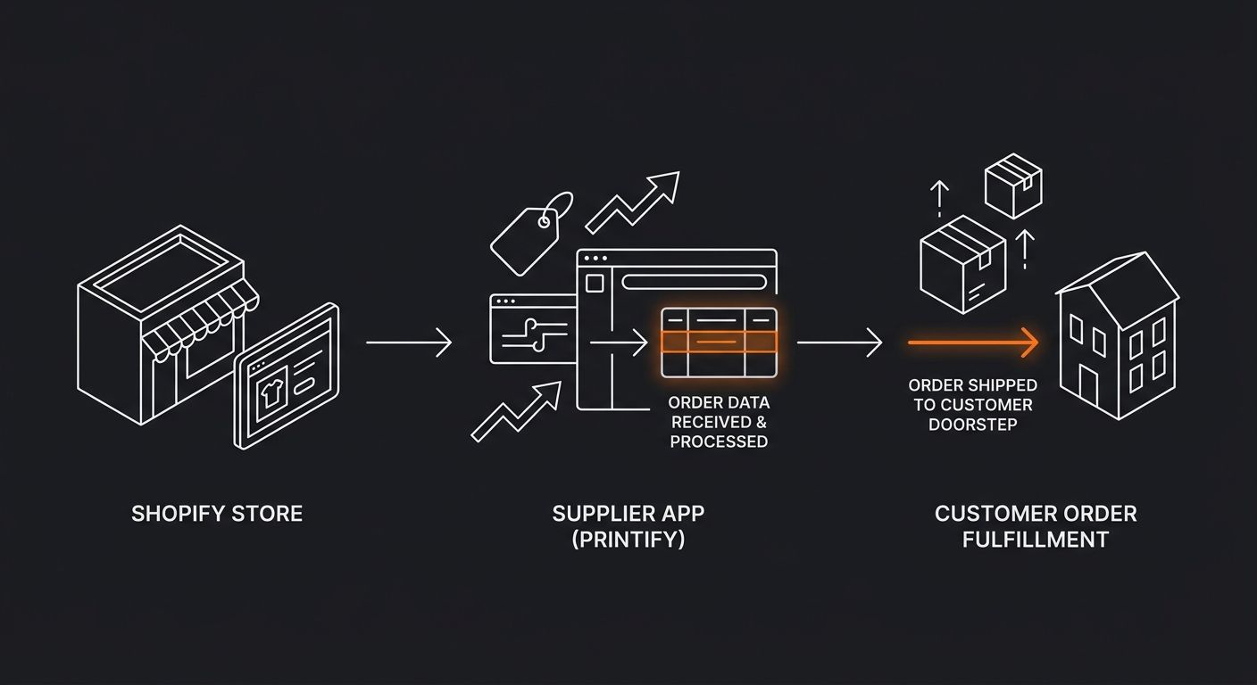 a clean screenshot-style diagram showing the connection flow between a Shopify store, a supplier app like Printify, and a customer order, with arrows indicating order data flowing from store to suppli