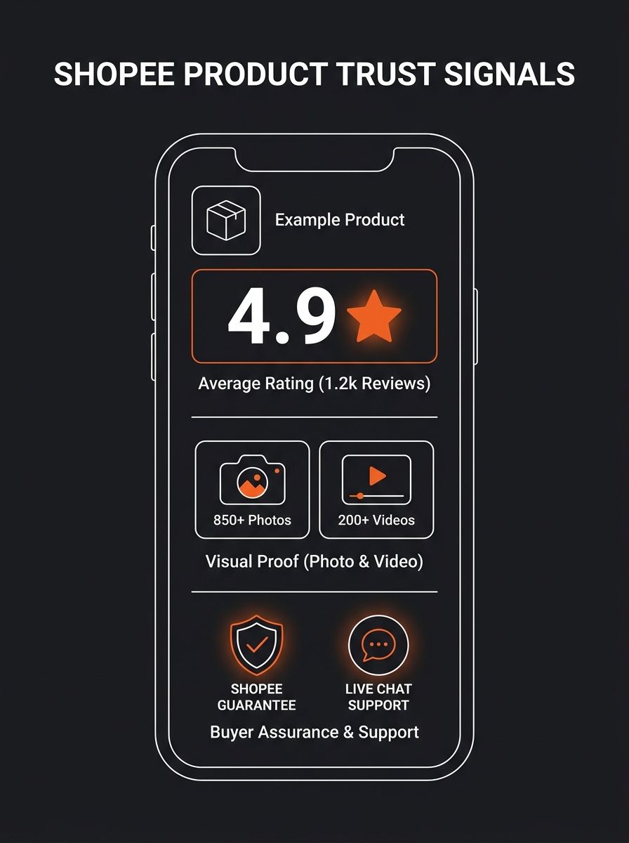 Shopee mobile app interface showing a product listing page with star ratings, photo reviews, video review badges, the Shopee Guarantee trust badge, and live chat button on a smartphone screen