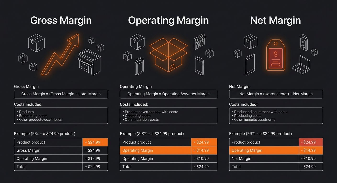An infographic comparing three margin types side by side - Gross Margin, Operating Margin, and Net Margin - each showing the formula, what costs are included, and an example calculation using the same