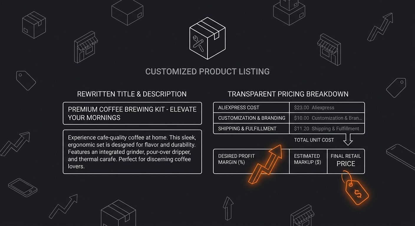 product listing page mockup showing an imported AliExpress product with customized title, rewritten description, and pricing breakdown showing cost, markup, and final retail price