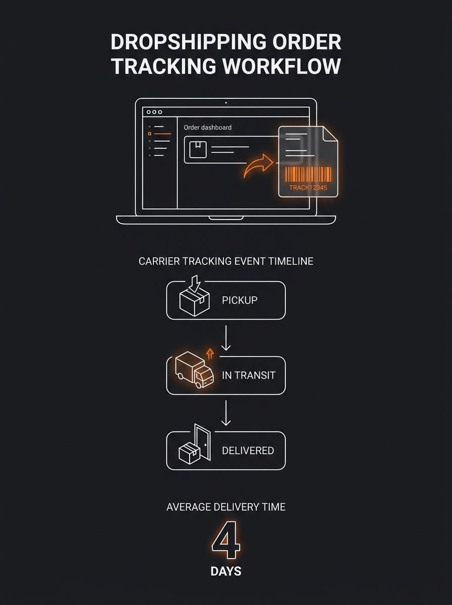 Dropshipping operator reviewing carrier tracking events on laptop screen with shipping label and order dashboard visible