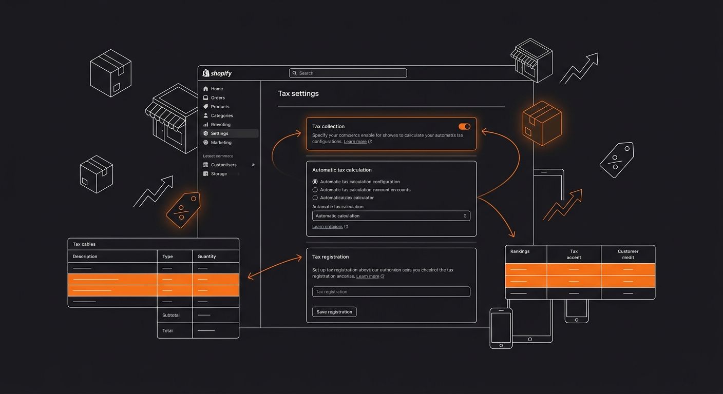 screenshot-style diagram showing Shopify tax settings page with arrows pointing to key configuration fields - tax collection toggle, automatic tax calculation, and tax registration section