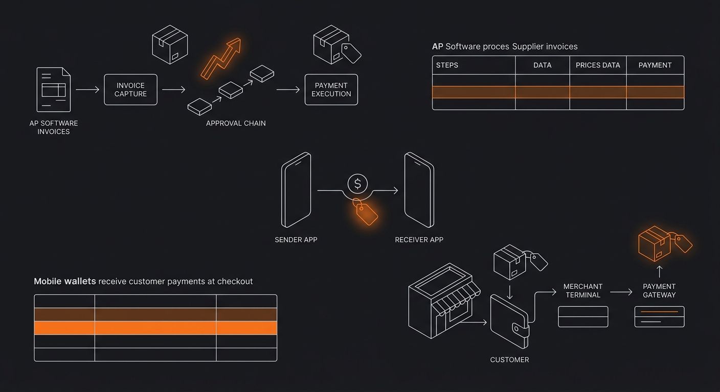 an infographic showing three payment flow diagrams - one for AP software processing supplier invoices through approval chains, one for P2P apps sending direct transfers, and one for mobile wallets rec