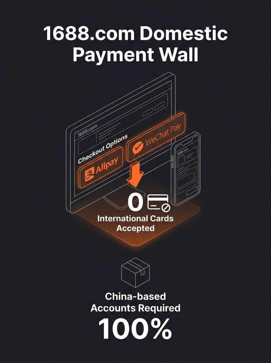 Screenshot showing 1688.com checkout interface with Alipay and WeChat Pay payment options highlighted, demonstrating the domestic-only payment infrastructure that blocks international cards