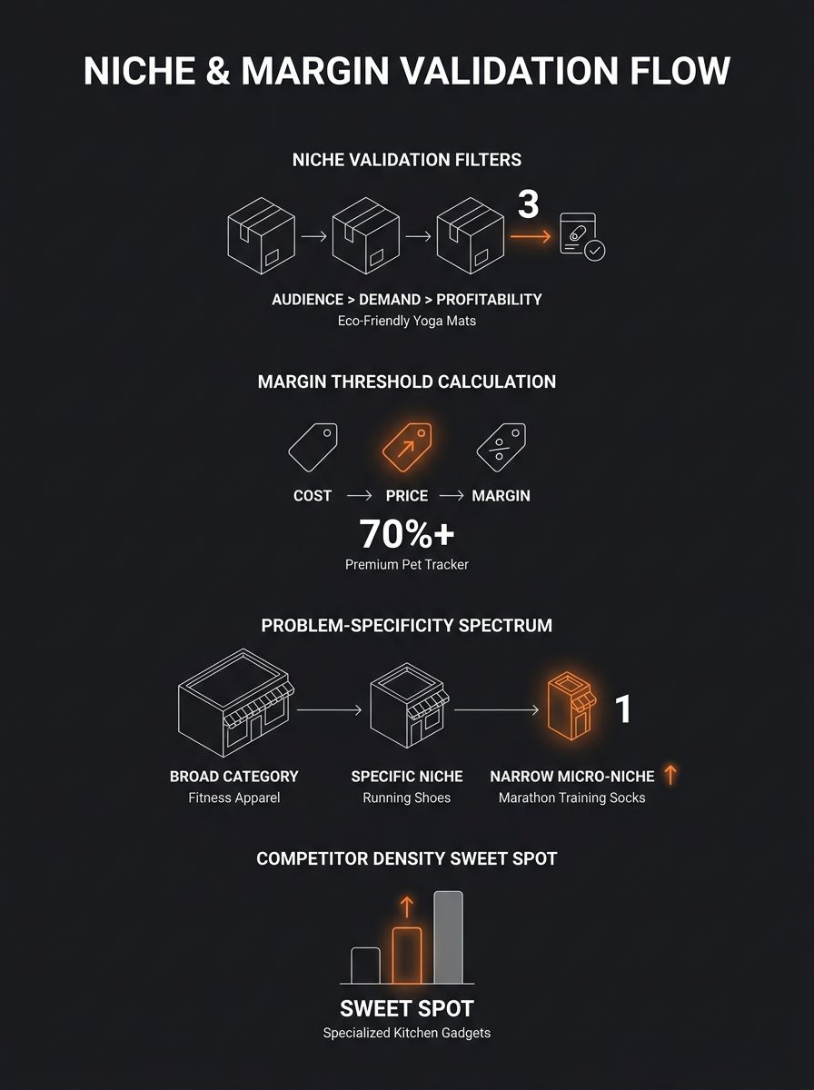 Infographic showing the three niche validation filters, margin threshold calculation, problem-specificity spectrum from broad category to narrow niche, and competitor density sweet spot, with example