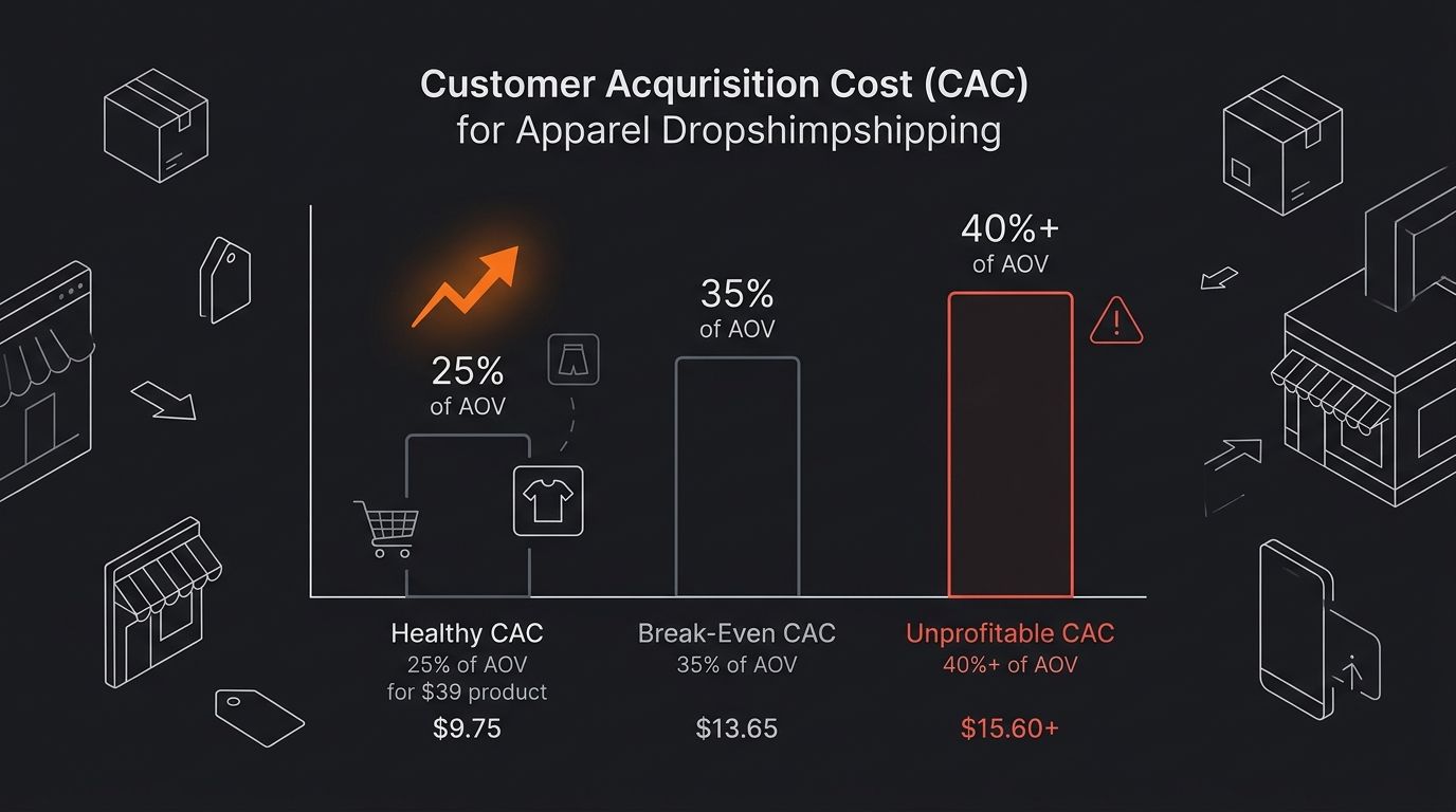 a simple bar chart comparing customer acquisition cost benchmarks for apparel dropshipping, showing healthy CAC at 25% of AOV, break-even at 35% of AOV, and unprofitable at 40%+ of AOV, with dollar am
