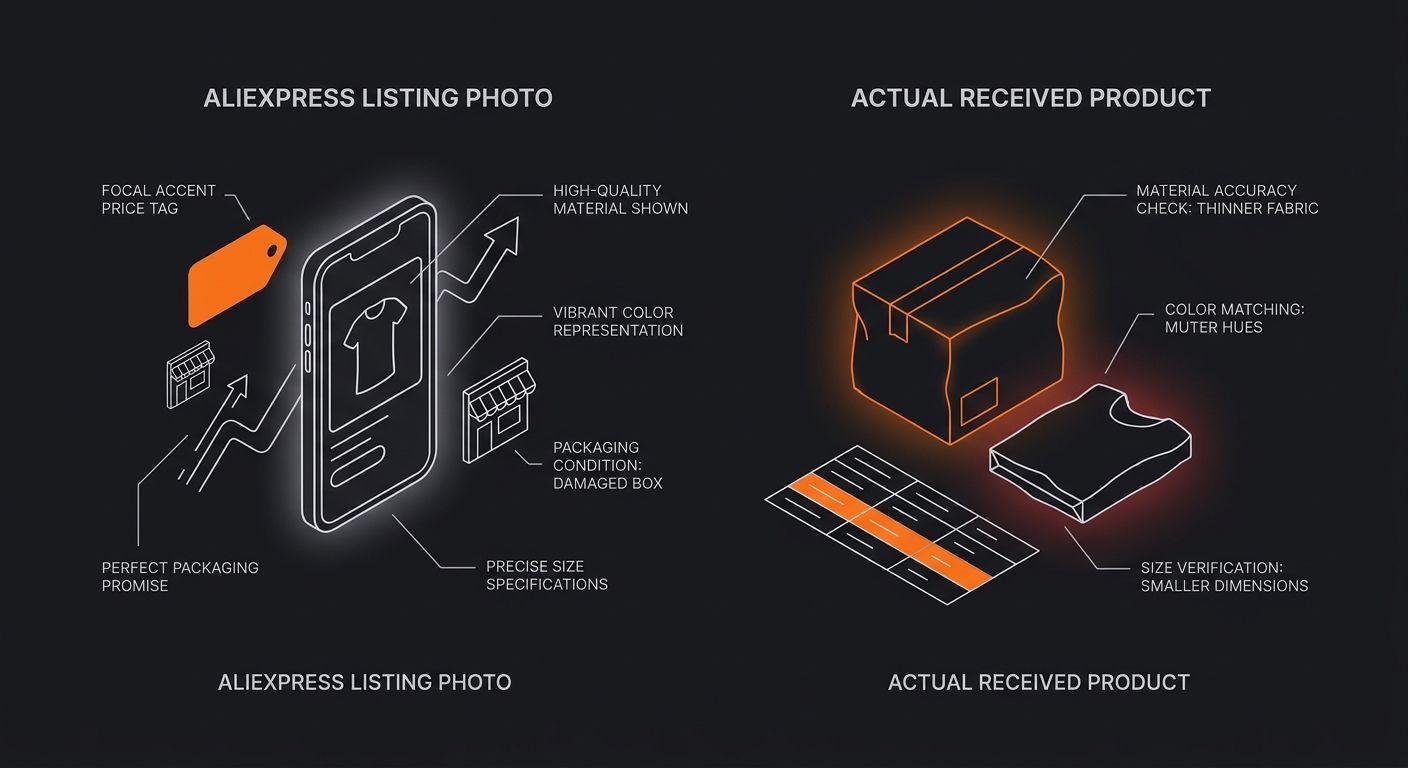 Side-by-side comparison showing an AliExpress product listing photo next to an actual received product, with annotations highlighting quality checkpoints including material accuracy, color matching, p