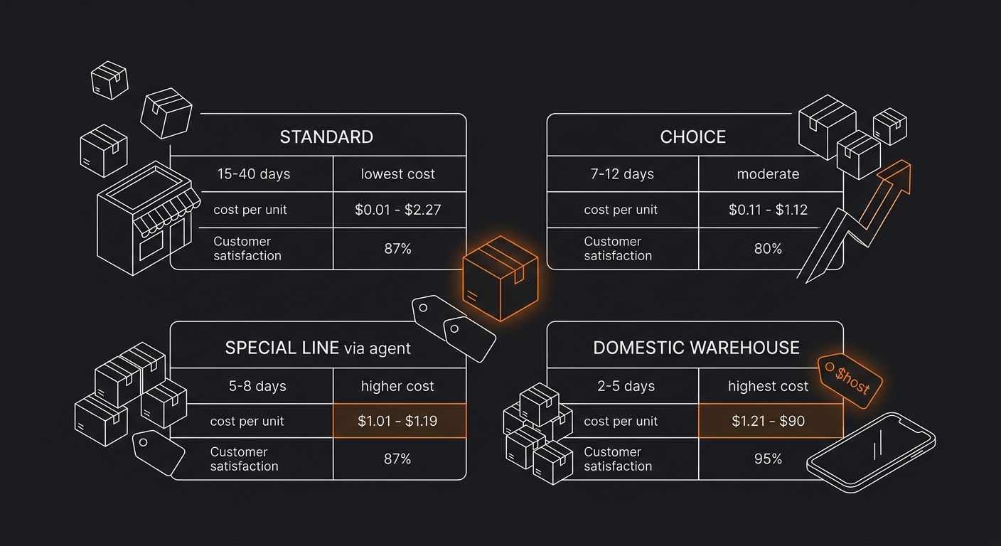 Infographic showing AliExpress shipping method comparison, Standard (15-40 days, lowest cost), Choice (7-12 days, moderate cost), Special Line via agent (5-8 days, higher cost), and Domestic Warehouse