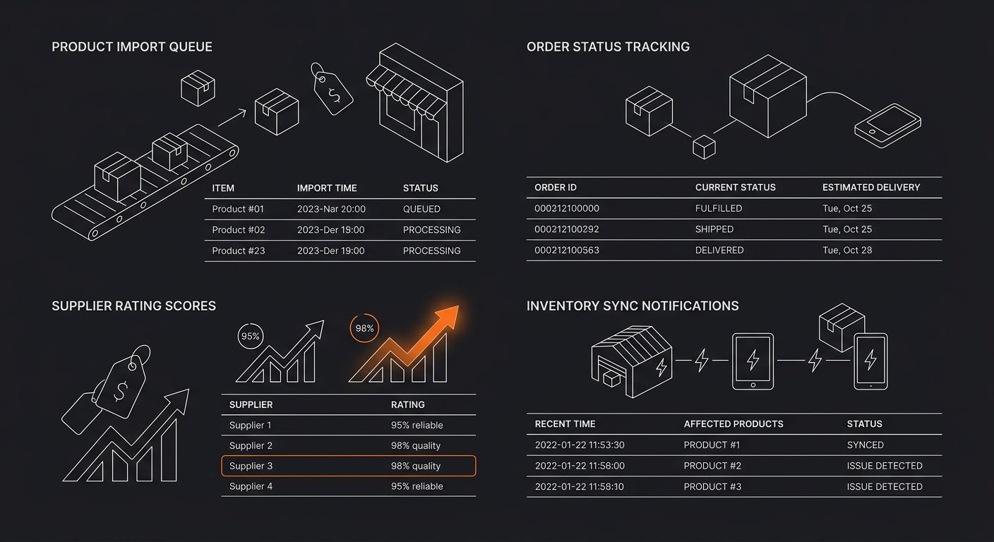 Screenshot-style illustration of a dropshipping automation dashboard showing product import queue, order status tracking, supplier rating scores, and inventory sync notifications