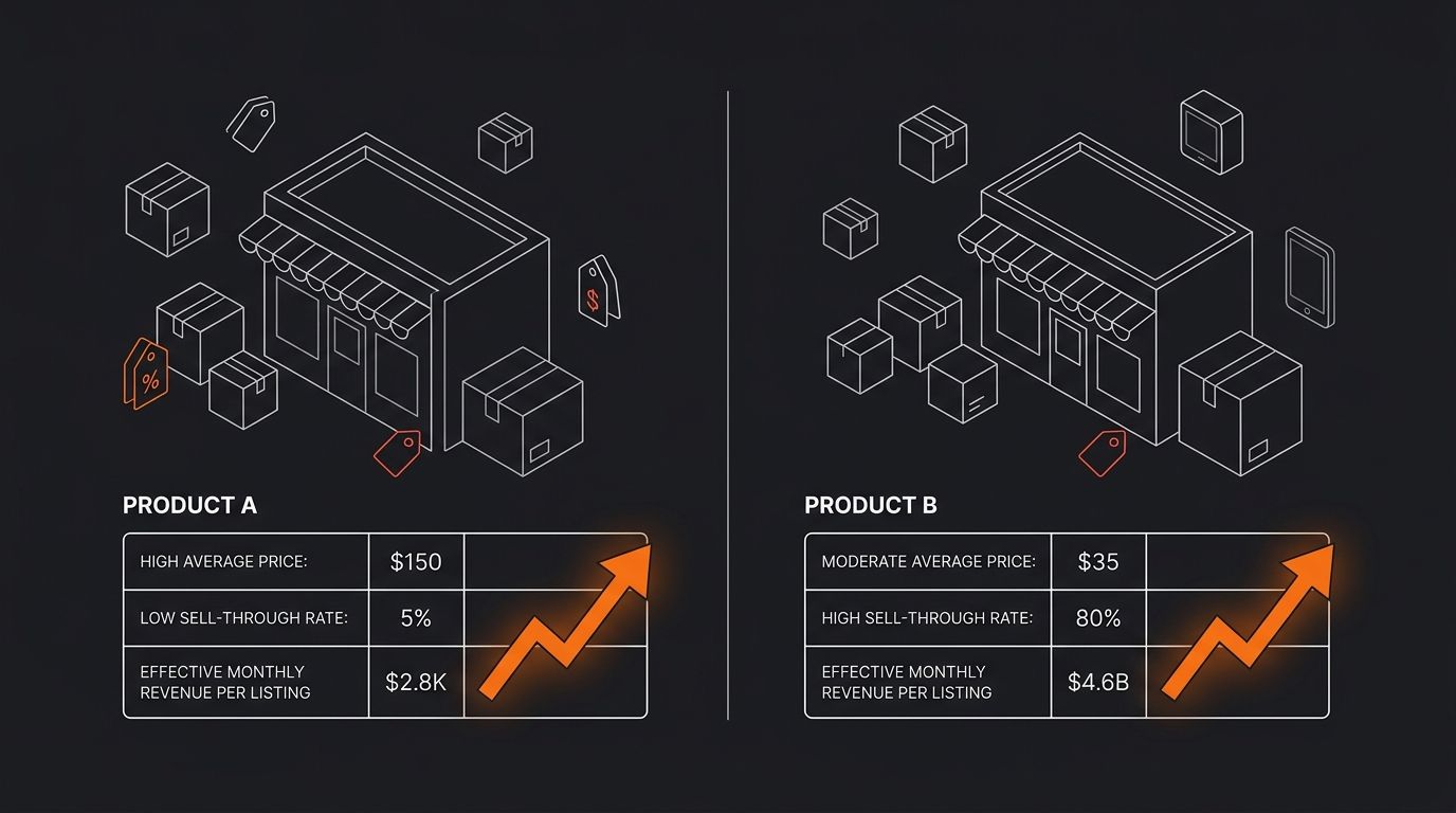 infographic comparing two product scenarios side by side with Product A showing high average price of $150 but low sell-through rate of 5 percent versus Product B showing moderate price of $35 but hig