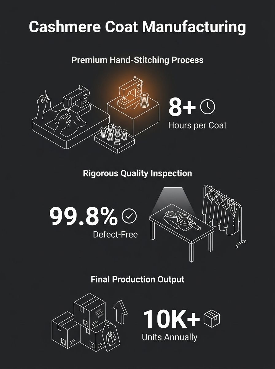 Industrial cashmere coat manufacturing facility showing hand-stitching workstations and quality control inspection area