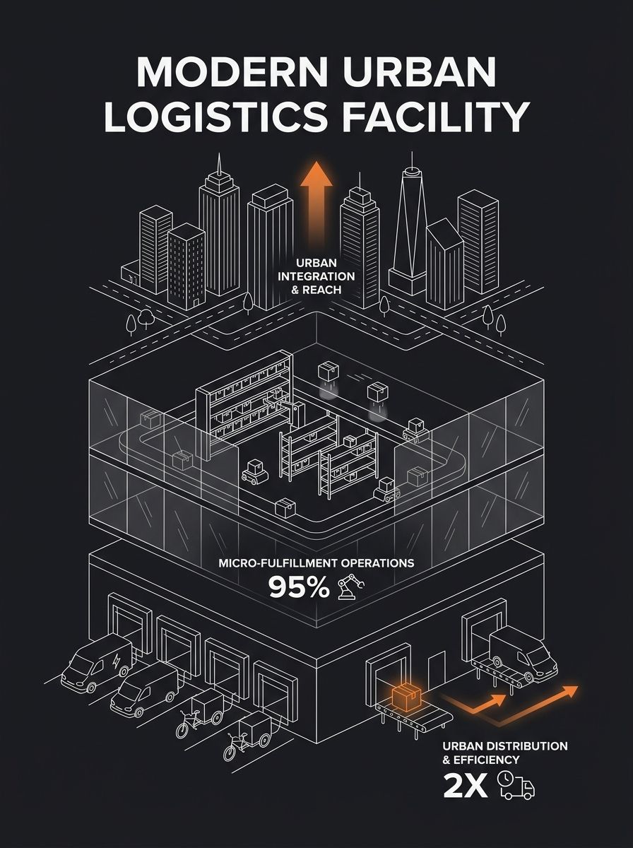 Stacked logistics facility with urban distribution vehicles at loading docks, micro-fulfillment operations visible through glass walls, city skyline in background