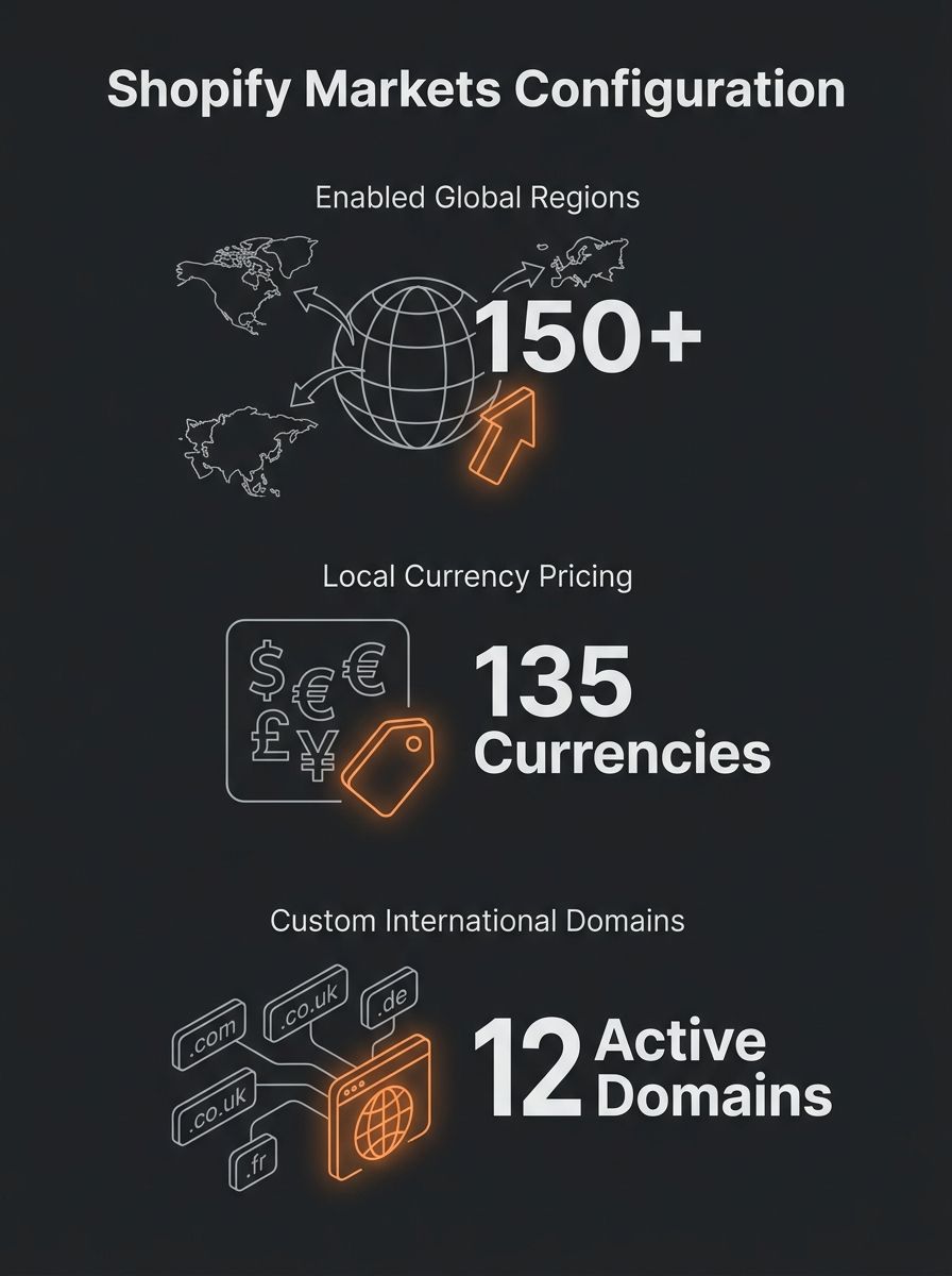 Shopify Markets dashboard showing market configuration panel with currency and domain settings for multiple international regions