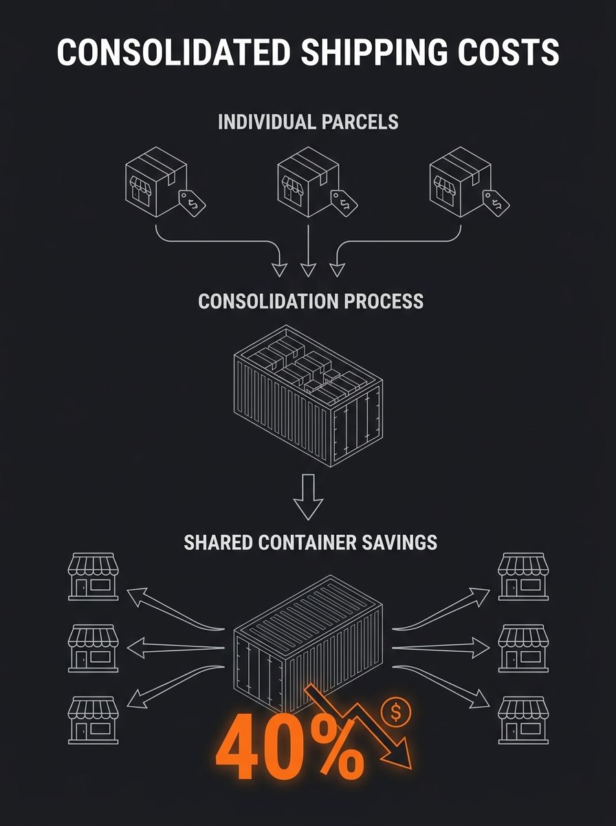 Diagram showing multiple small boxes being consolidated into a single shipping container with cost-split arrows between different merchants