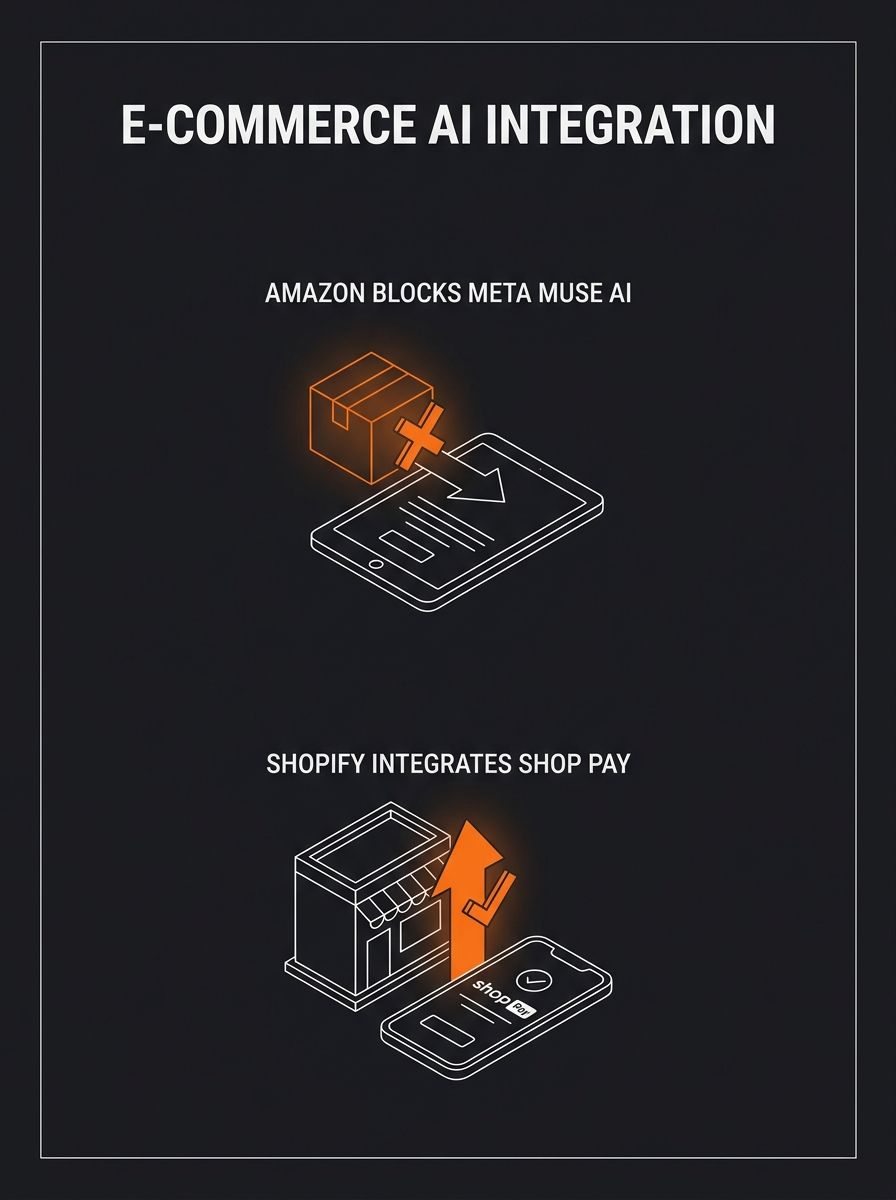 Split-screen showing Amazon's block message for Meta Muse AI agent and Shopify's Shop Pay integration announcement